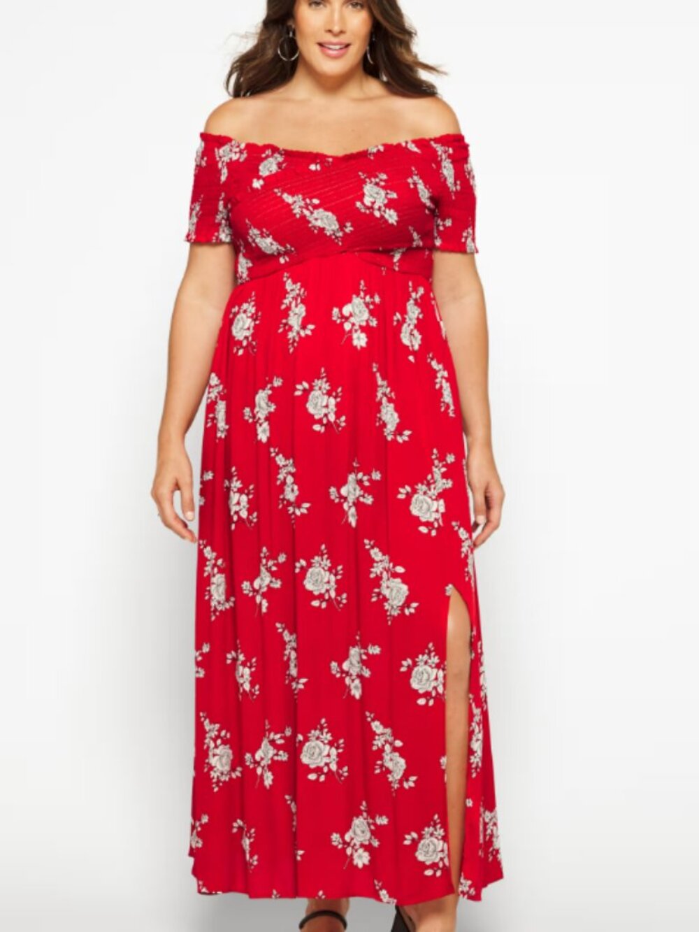 City Chic Red Floral Smocked Maxi 49” Dress Off-shoulder - Picture 2 of 7